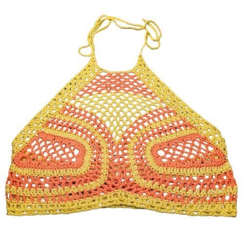 Crochet Halter Top Yellow Orange Boho Festival Knit Crop Top 70s Retro Hippie